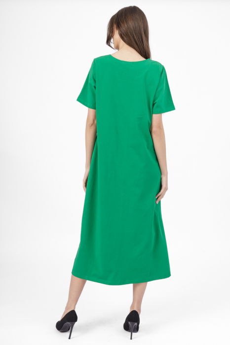 Rochie lunga A-line verde, din tricot de bumbac cu siret la poale [3]