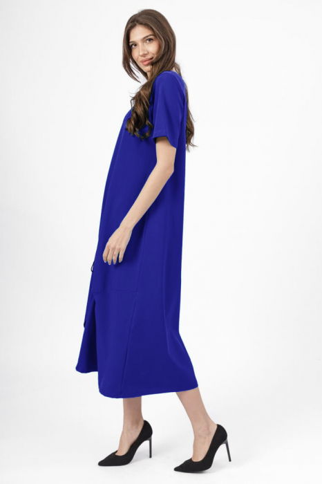 Rochie lunga A-line albastra, din tricot de bumbac cu siret la poale [2]