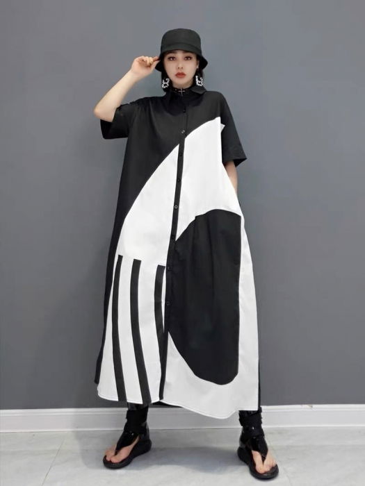 Rochie midi camasa alb-negru din poplin de bumbac