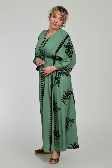 Rochie lunga, kaki, cu elastic in talie si imprimeu decoativ alb, din vascoza [3]