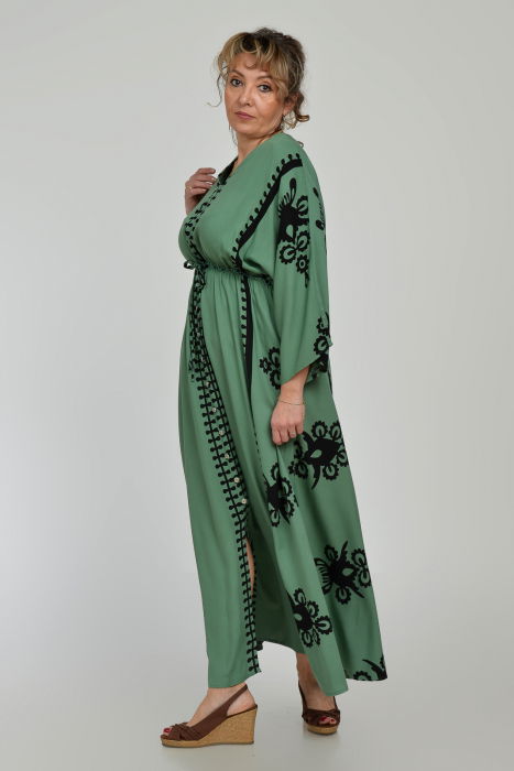 Rochie lunga, kaki, cu elastic in talie si imprimeu decoativ alb, din vascoza [6]