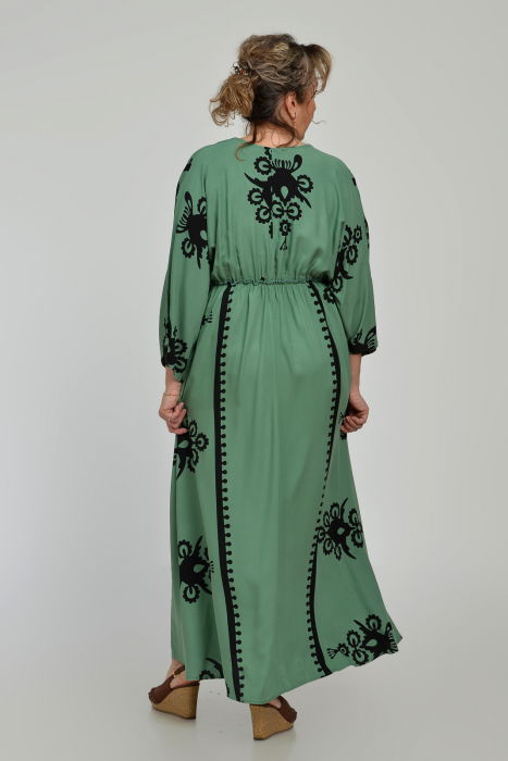 Rochie lunga, kaki, cu elastic in talie si imprimeu decoativ alb, din vascoza [8]