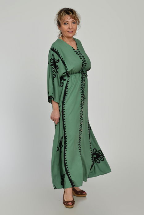 Rochie lunga, kaki, cu elastic in talie si imprimeu decoativ alb, din vascoza [7]