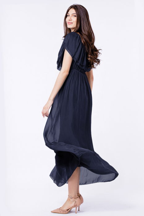 Rochie lunga, bleumarin, din matase si vascoza, cu volan pe umeri [2]