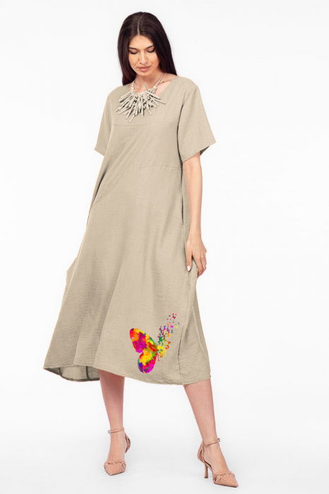 Rochie lunga bej din in mercerizat, marime oversize cu fluture stilizat [2]