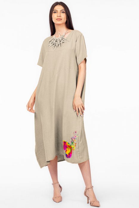 Rochie lunga bej din in mercerizat, marime oversize cu fluture stilizat [1]