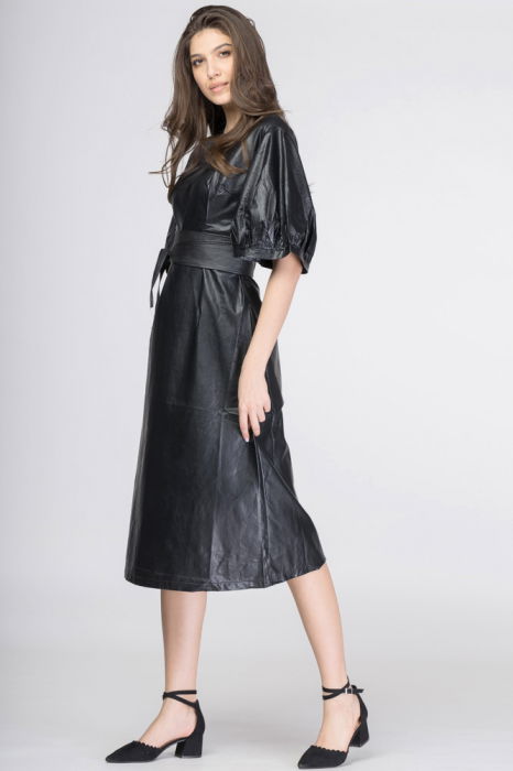 Rochie lunga cambrata din piele ecologica cu maneci bufante [3]