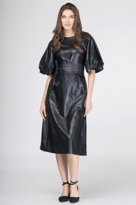 Rochie lunga cambrata din piele ecologica cu maneci bufante [2]