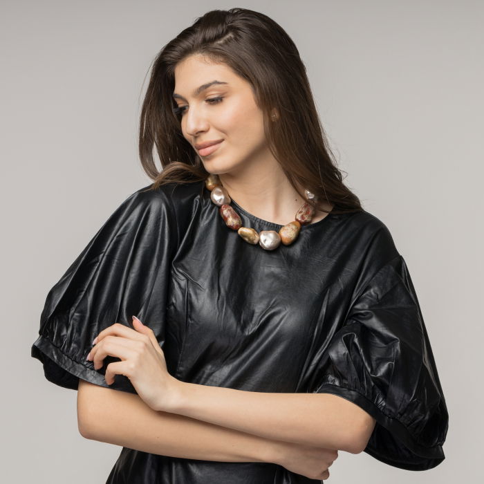 Rochie lunga cambrata din piele ecologica cu maneci bufante [6]