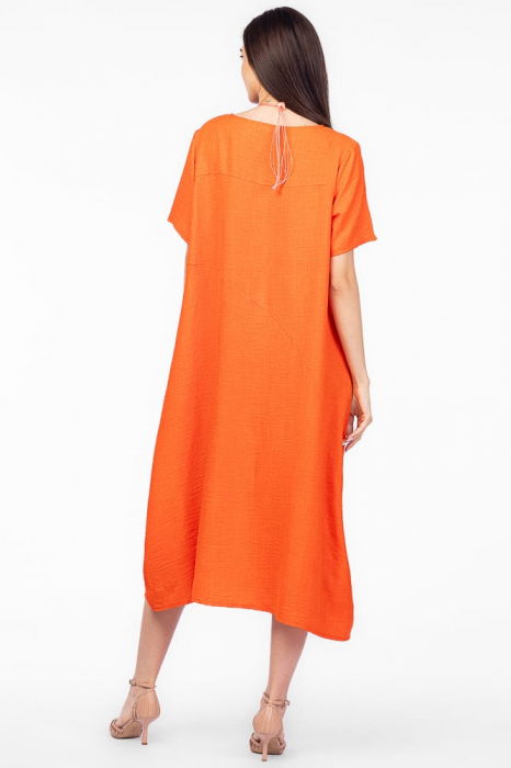 Rochie lunga portocalie din in mercerizat, marime oversize cu fluture stilizat [3]