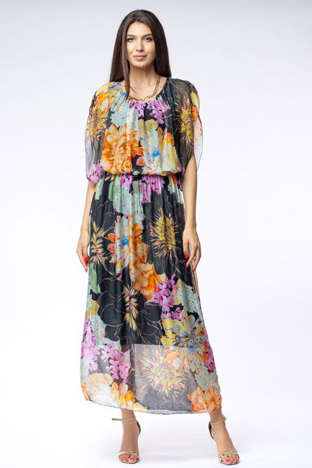 Rochie lunga, cu imprimeu floral 3D  pe fond negru, din matase si vascoza