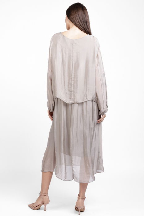 Rochie lunga bej, cu broderie florala si bordura, din matase si vascoza [4]