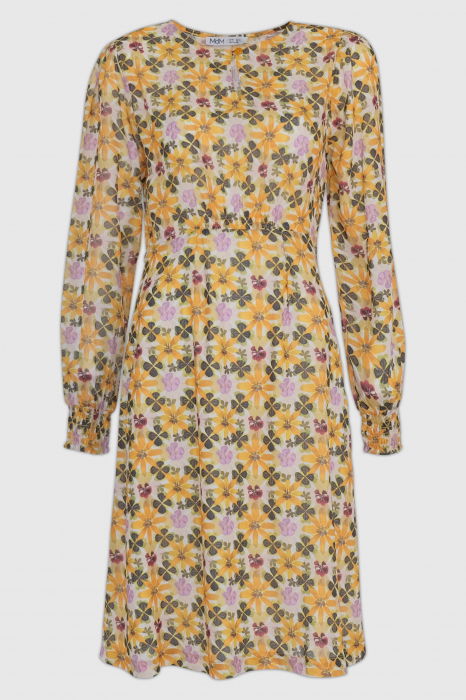 Rochie midi cu imprimeu floral galben sofran-verde olive [6]