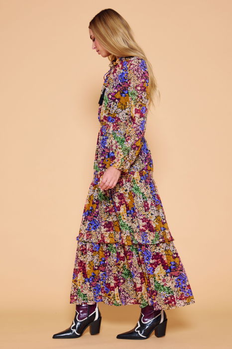 Rochie lunga cu volane si imprimeu floral in nuante de toamna [3]