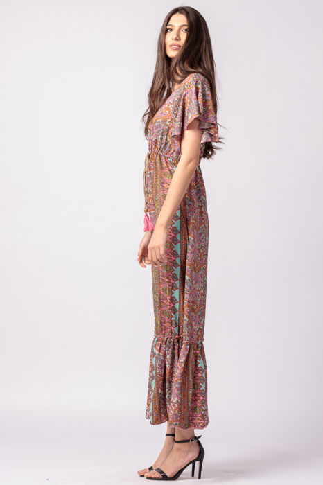 Rochie lunga cu volan si imprimeu floral, din matase indiana in nuante de roz [4]