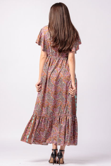 Rochie lunga cu volan si imprimeu floral, din matase indiana in nuante de roz [5]