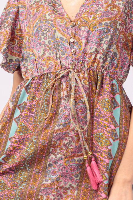 Rochie lunga cu volan si imprimeu floral, din matase indiana in nuante de roz [6]