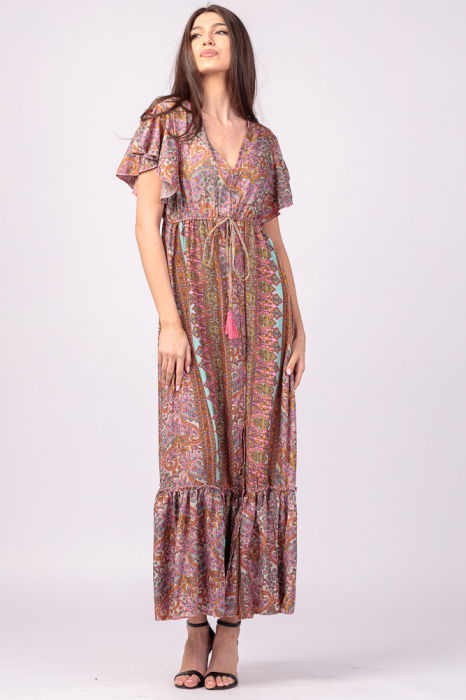 Rochie lunga cu volan si imprimeu floral, din matase indiana in nuante de roz [2]