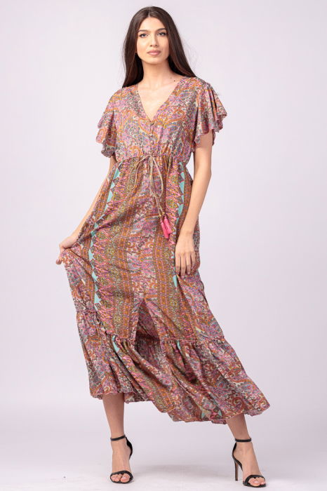 Rochie lunga cu volan si imprimeu floral, din matase indiana in nuante de roz [3]