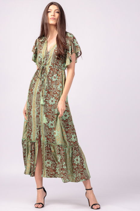 Rochie lunga cu volan si imprimeu floral, din matase indiana verde menta - maro [3]
