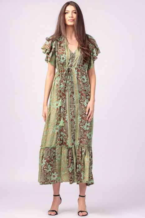 Rochie lunga cu volan si imprimeu floral, din matase indiana verde menta - maro [4]