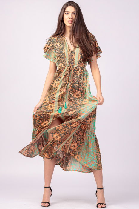 Rochie lunga cu volan si imprimeu floral, din matase indiana verde menta - portocaliu [2]