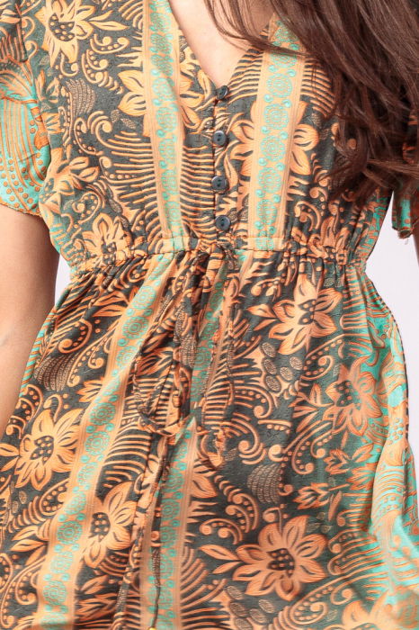 Rochie lunga cu volan si imprimeu floral, din matase indiana verde menta - portocaliu [5]