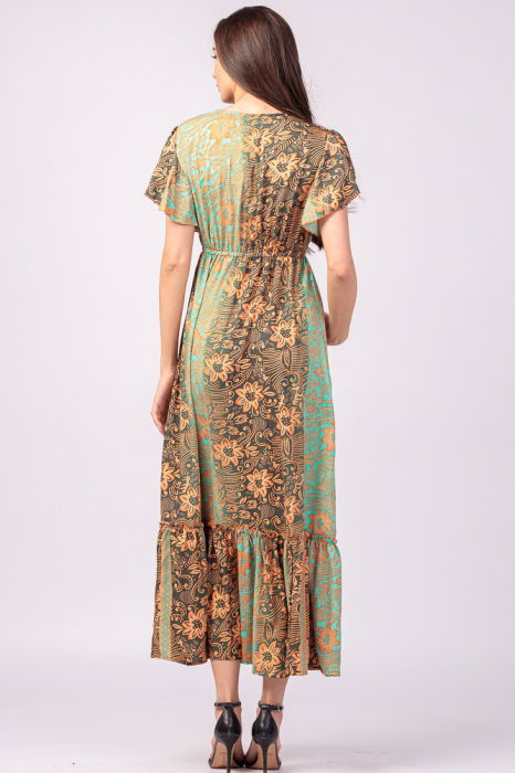 Rochie lunga cu volan si imprimeu floral, din matase indiana verde menta - portocaliu [4]