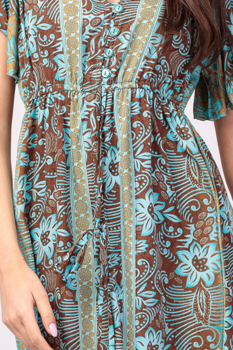Rochie lunga cu volan si imprimeu floral, din matase indiana turcoaz- maro [5]