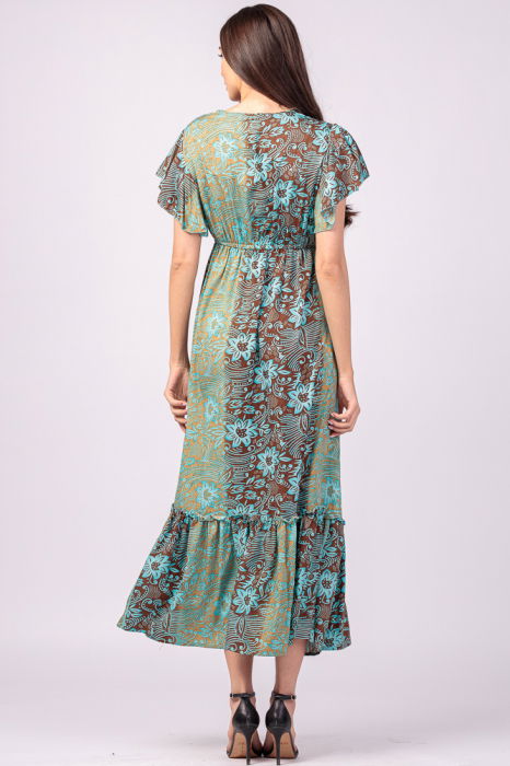 Rochie lunga cu volan si imprimeu floral, din matase indiana turcoaz- maro [4]