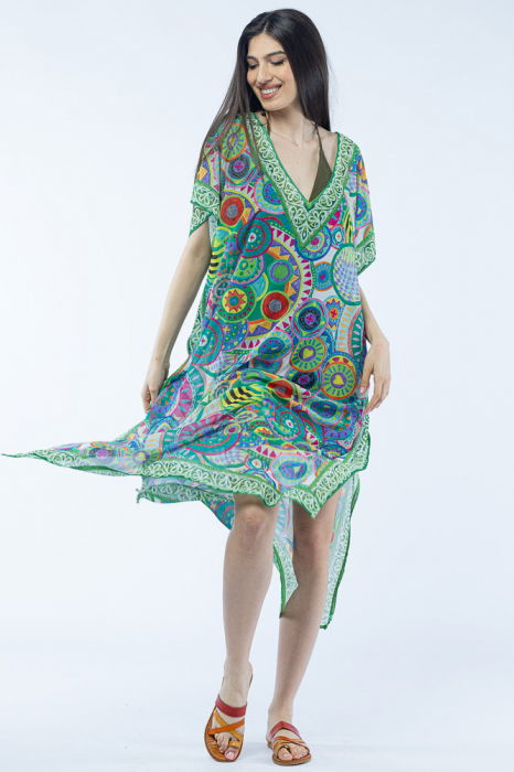 Rochie lunga de plaja tip poncho cu imprimeu mandale in nuante de verde [2]