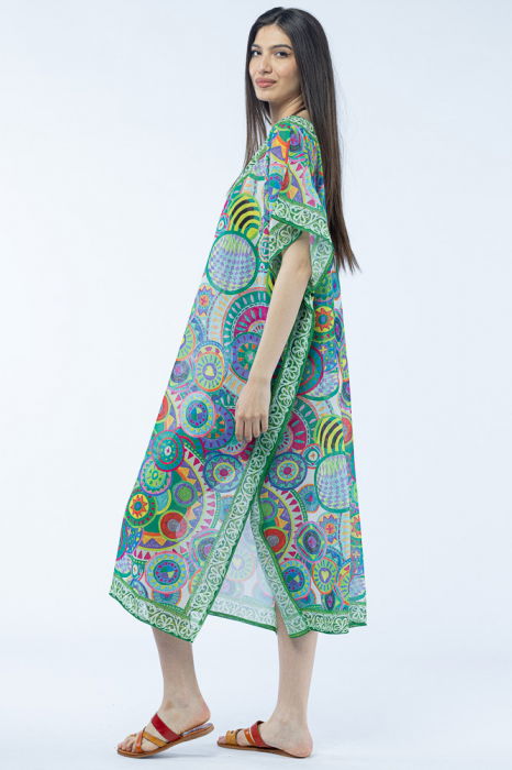 Rochie lunga de plaja tip poncho cu imprimeu mandale in nuante de verde [3]