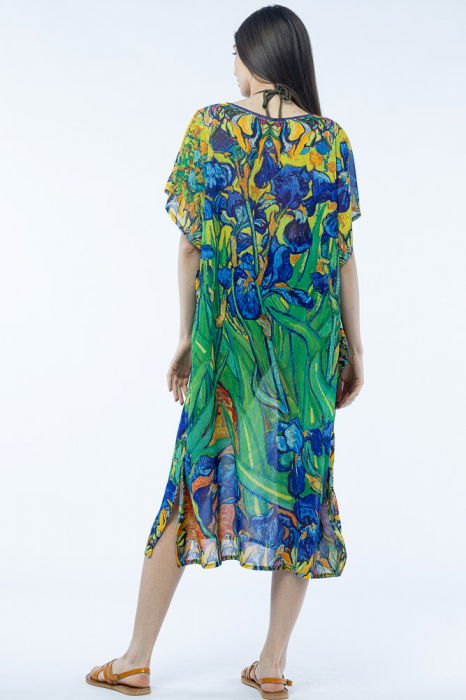 Rochie lunga de plaja tip poncho cu imprimeu dupa " Irisi''  - de Van Gogh [3]