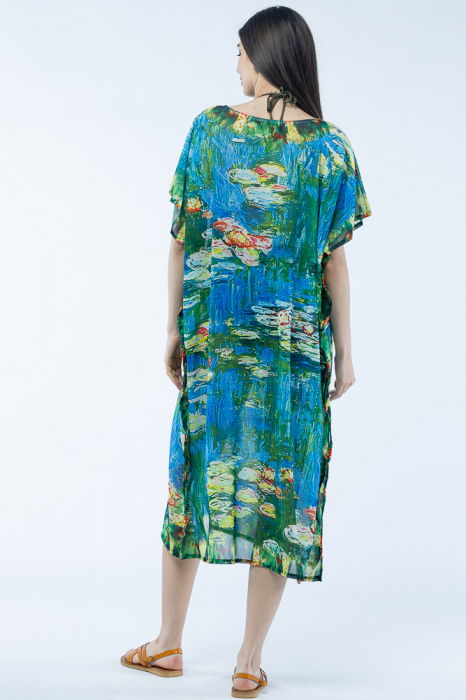 Rochie lunga de plaja tip poncho cu imprimeu dupa "Nuferii" de Claude Monet [4]