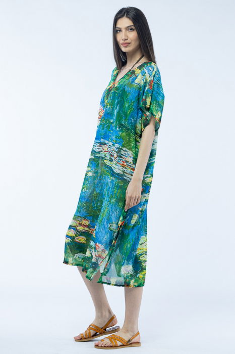 Rochie lunga de plaja tip poncho cu imprimeu dupa "Nuferii" de Claude Monet [3]