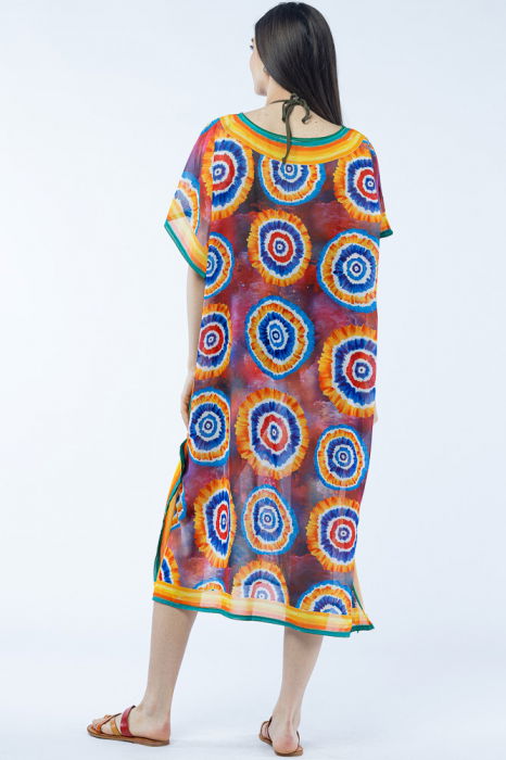 Rochie lunga de plaja tip poncho cu imprimeu circular cu rosu si albastru [3]