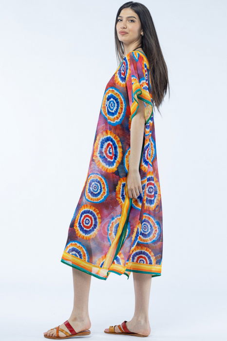 Rochie lunga de plaja tip poncho cu imprimeu circular cu rosu si albastru [2]
