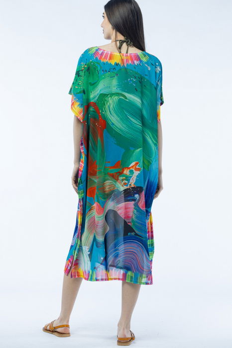 Rochie lunga de plaja tip poncho cu imprimeu pensulat multicolor [3]