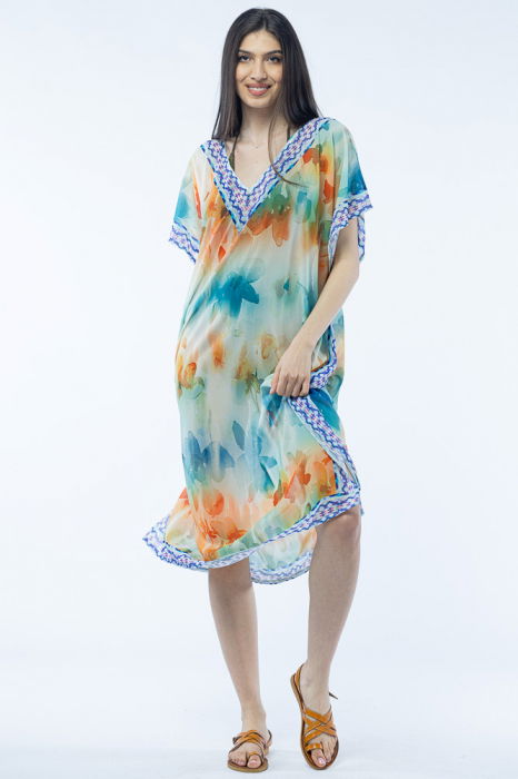 Rochie lunga de plaja tip poncho cu motive florale acuarela [2]