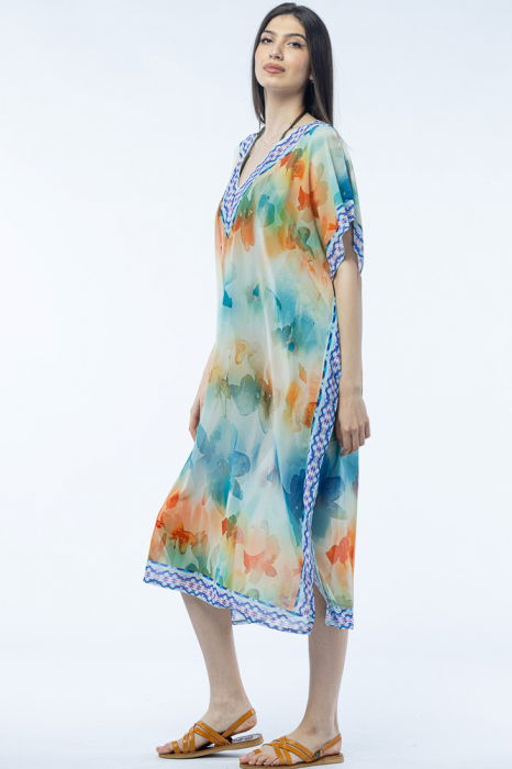 Rochie lunga de plaja tip poncho cu motive florale acuarela [3]