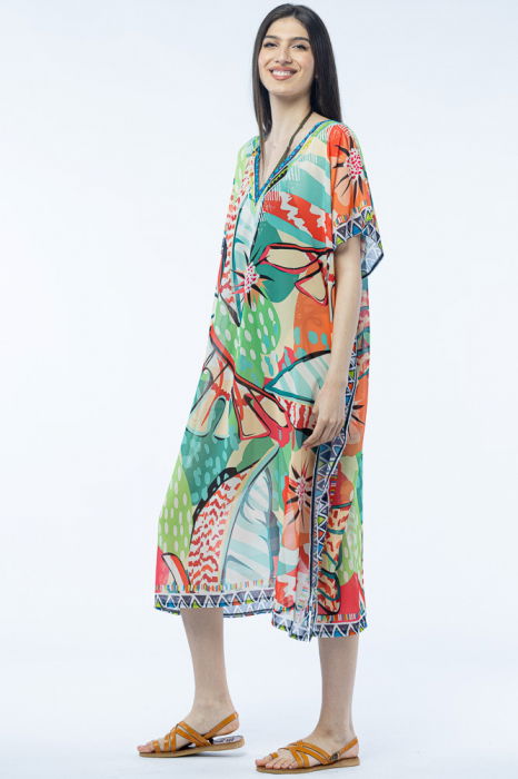 Rochie lunga de plaja tip poncho cu motive florale multicolore stilizate [2]