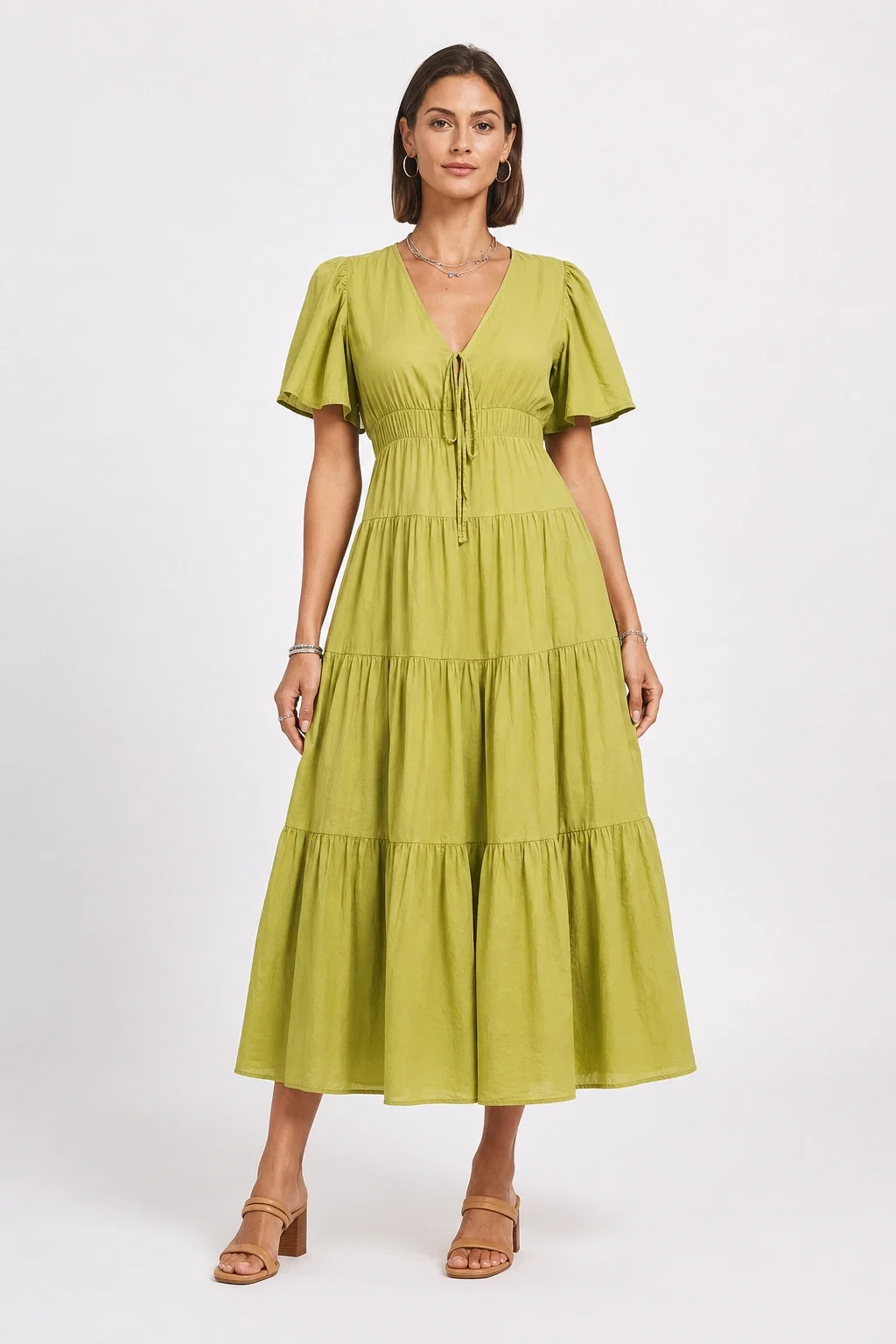 Rochie lunga din batist de bumbac cu volane si decolteu in V, verde olive