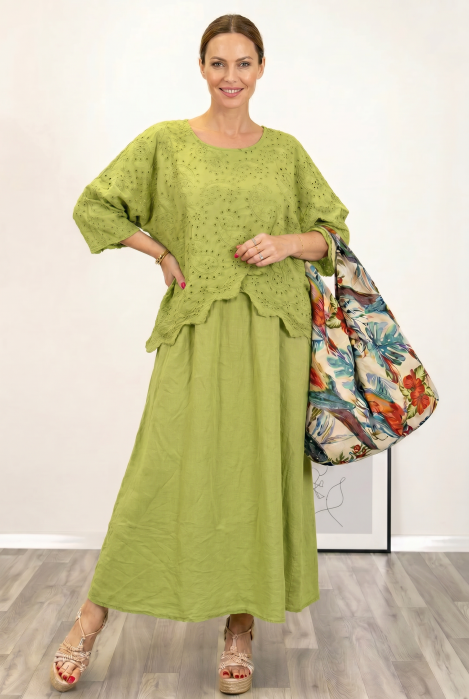 Rochie lunga din bumbac cu suprapunere, broderie perforata si croi lejer boem, verde deschis