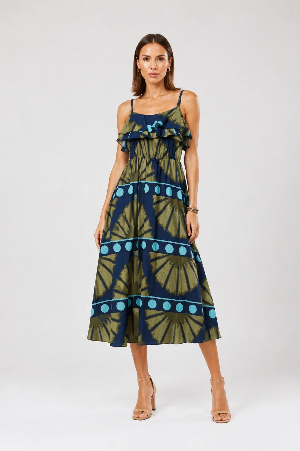 Rochie lunga din bumbac subtire cu volan pe piept siimprimeu abstract, bleumarin