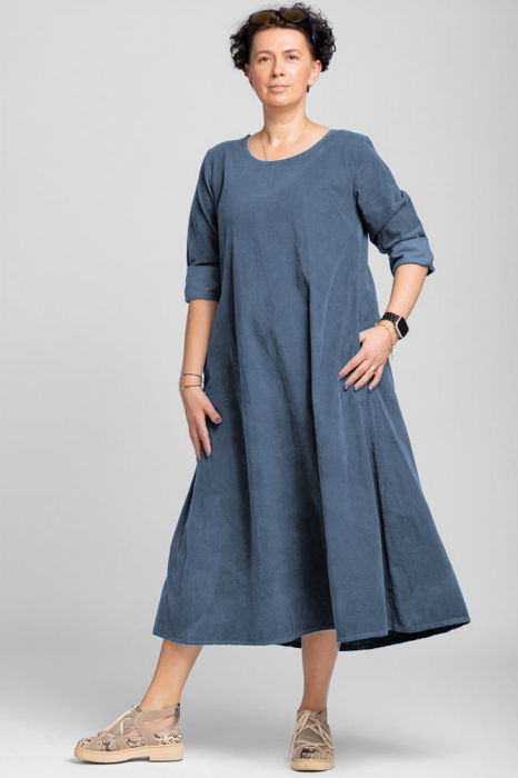 Rochie lunga din catifea reiata, A-line, albastru jeans