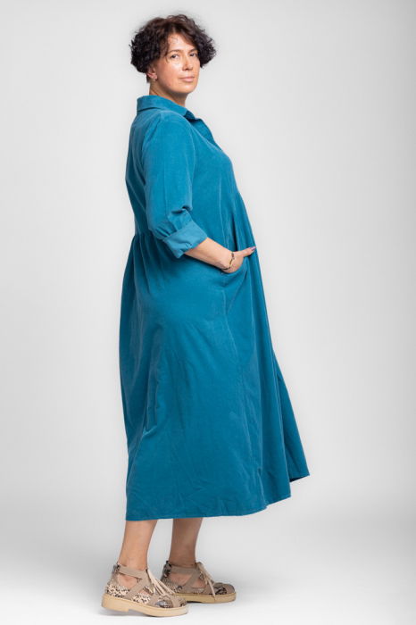 Rochie camasa din catifea reiata, taiata in talie, turcoaz [2]