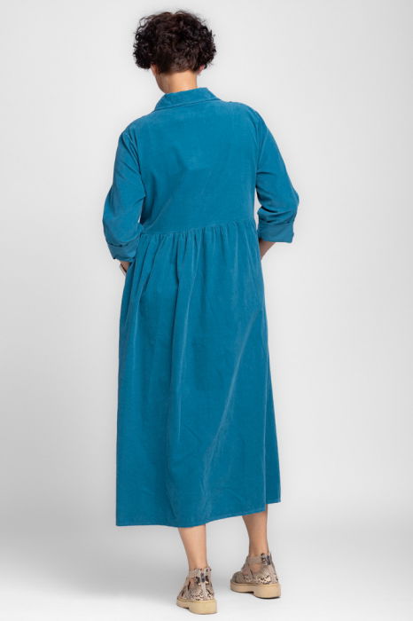 Rochie camasa din catifea reiata, taiata in talie, turcoaz [3]