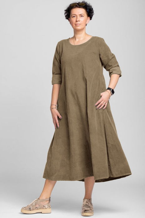 Rochie lunga din catifea reiata, A-line, bej inchis