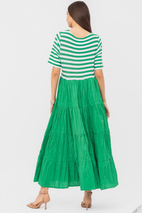 Rochie lunga din doua materiale ,cu dungi albe si volane, verde [3]