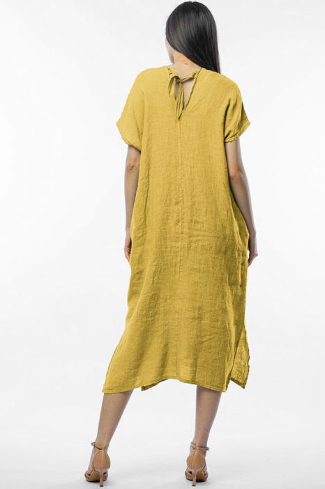 Rochie lunga din in cu funda pe spate, galbena [3]